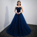 Navy Blue Prom Dress Elegant A Line Strapless Beaded Tulle With 3D Floral Corset For Prom Queens