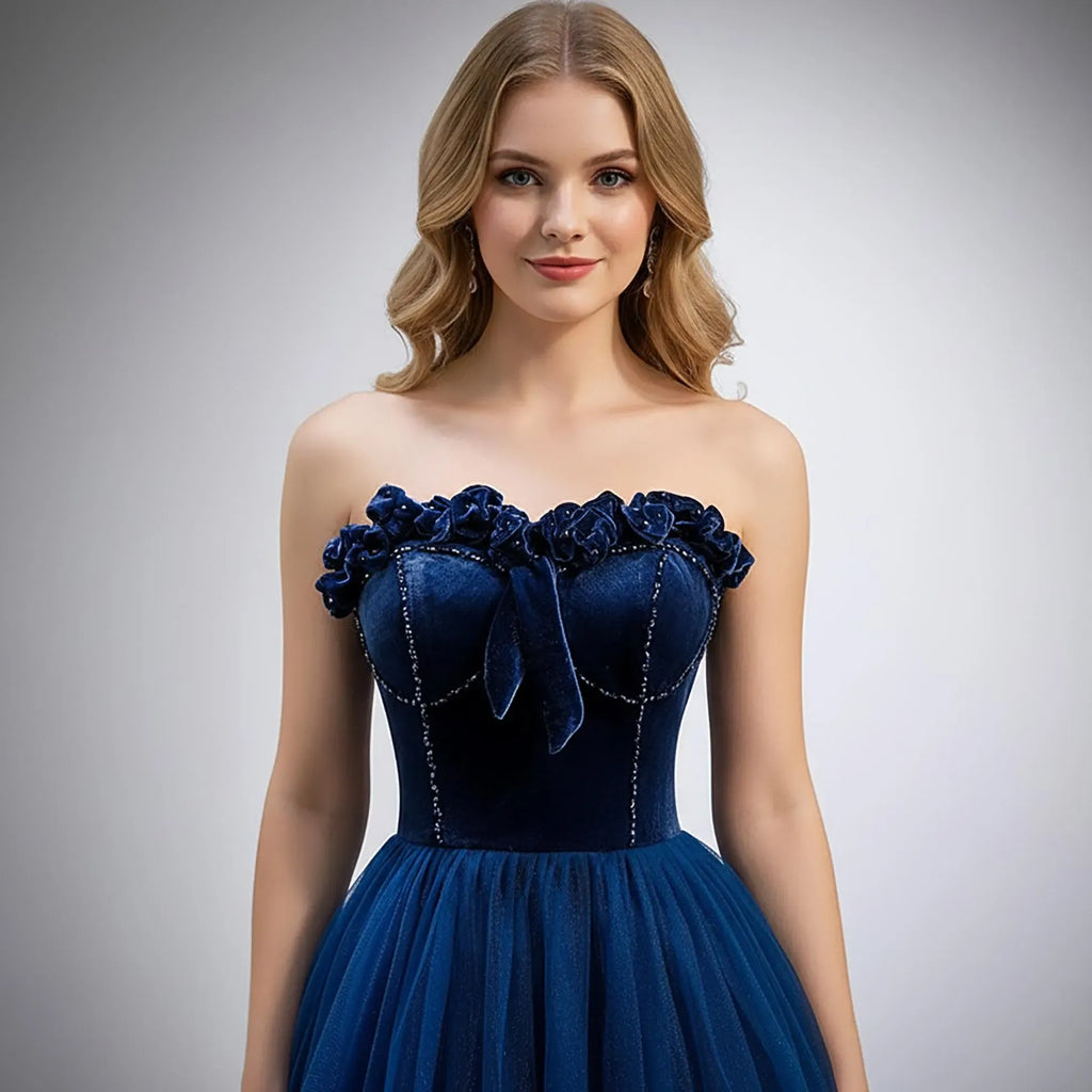 Navy Blue Prom Dress Elegant A Line Strapless Beaded Tulle With 3D Floral Corset For Prom Queens