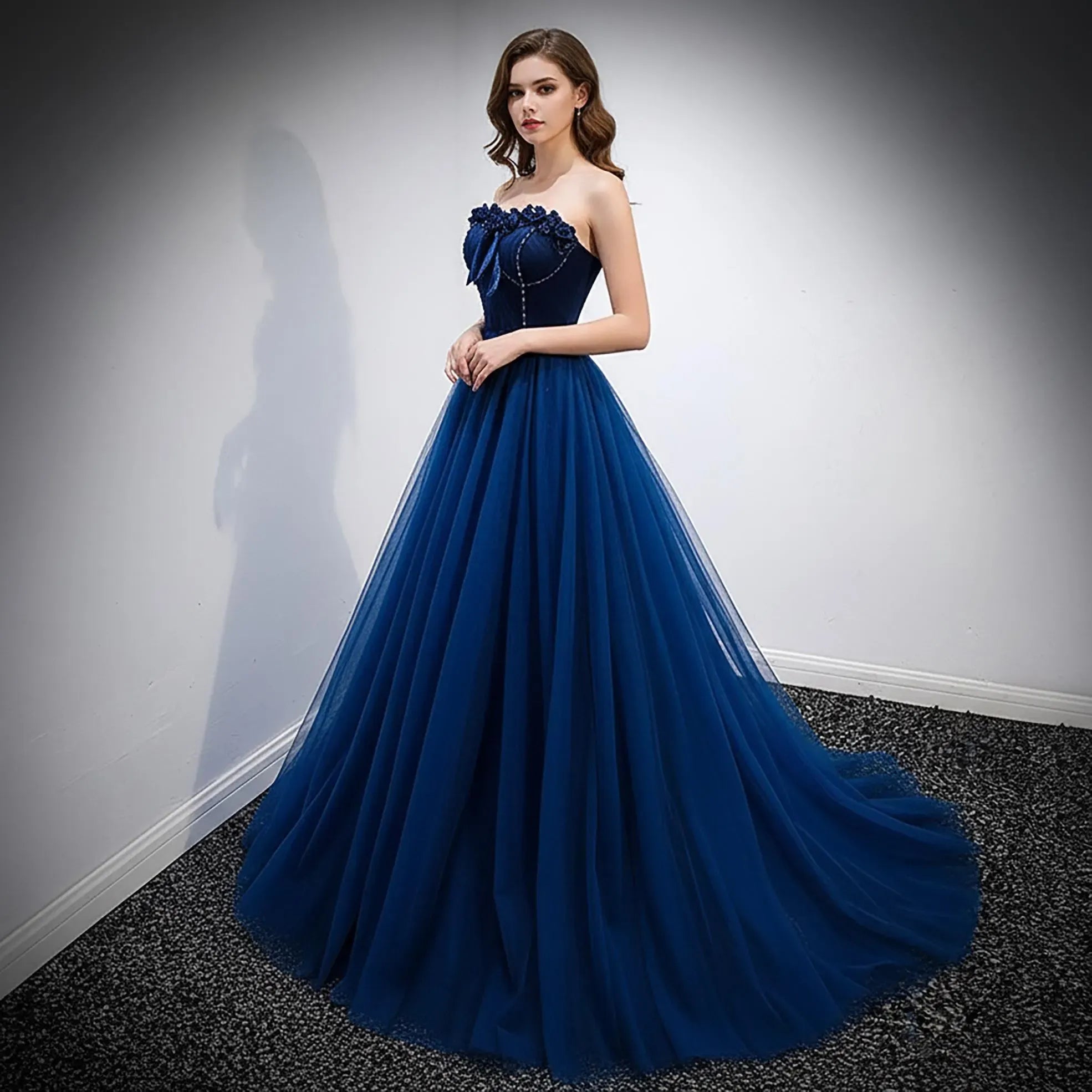 Navy Blue Prom Dress Elegant A Line Strapless Beaded Tulle With 3D Floral Corset For Prom Queens