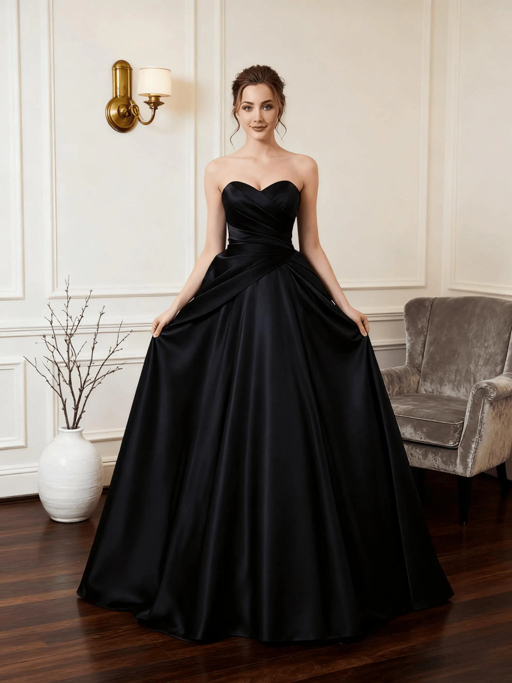 Elegant Prom Dress Black Floor Length A Line Sweetheart Ruched Bodice Ready To Ship For Prom Queens