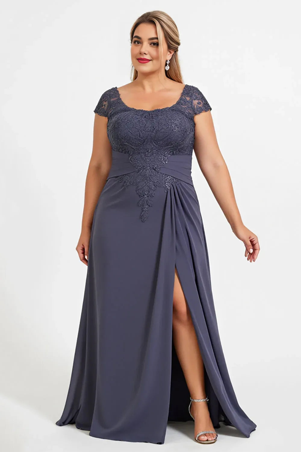 A Line U Neck Cap Sleeves Backless Floor-Length Plus Size Mother of the Bride Dress