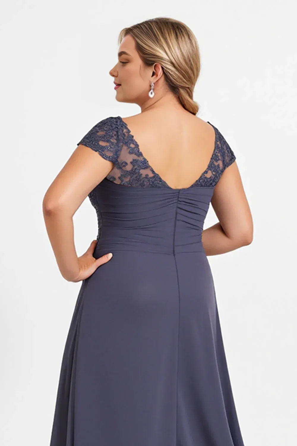 A Line U Neck Cap Sleeves Backless Floor-Length Plus Size Mother of the Bride Dress