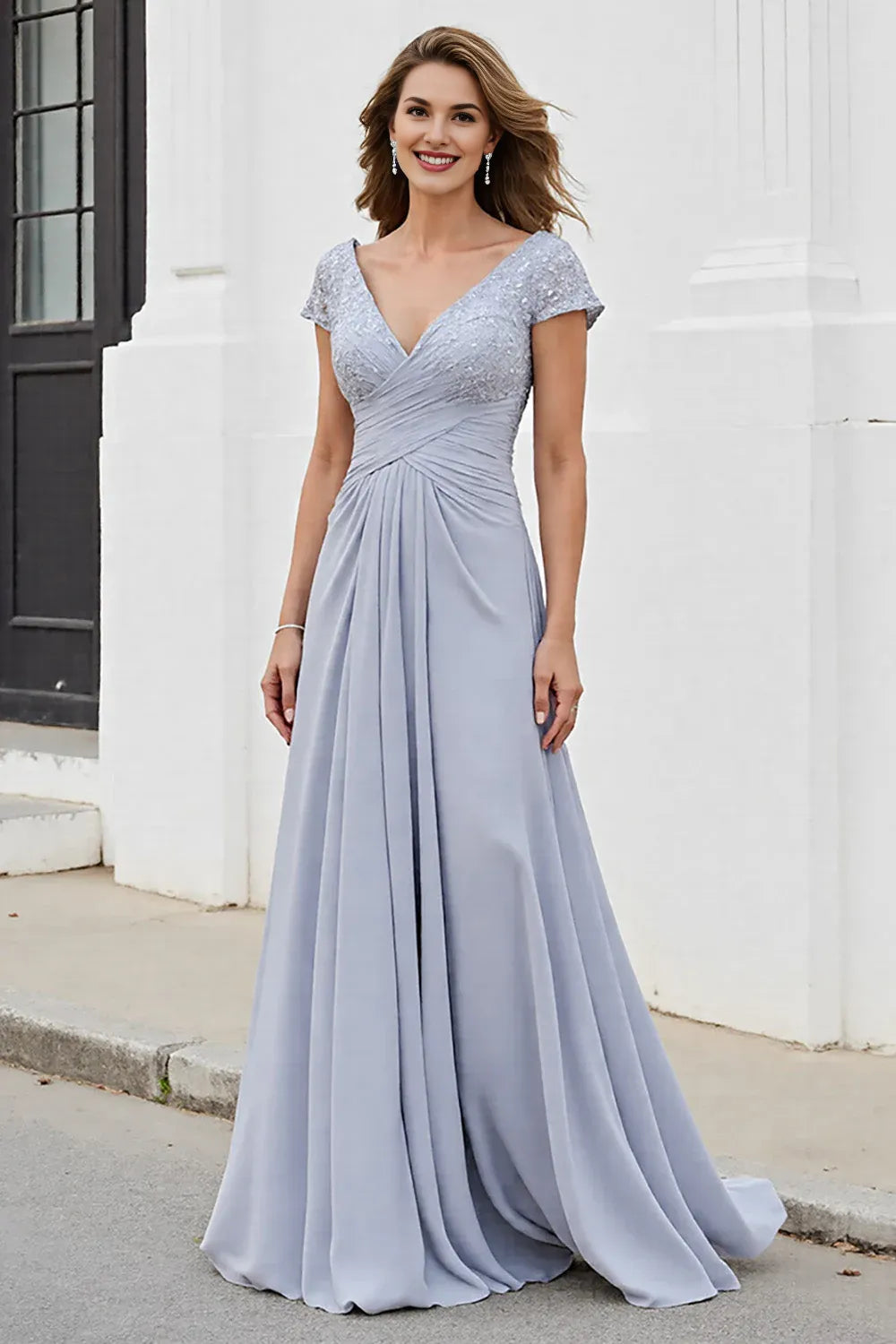 A Line V-Neck Cap Sleeve V Back Sweep/Brush Train Mother of the Bride Dress