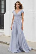 A Line V-Neck Cap Sleeve V Back Sweep/Brush Train Mother of the Bride Dress