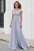 A Line V-Neck Cap Sleeve V Back Sweep/Brush Train Mother of the Bride Dress