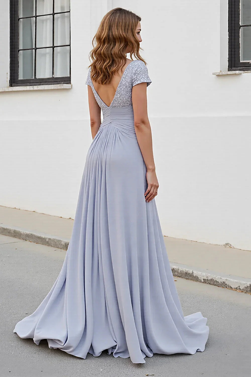 A Line V-Neck Cap Sleeve V Back Sweep/Brush Train Mother of the Bride Dress