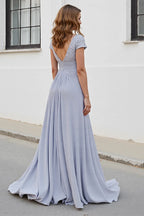 A Line V-Neck Cap Sleeve V Back Sweep/Brush Train Mother of the Bride Dress