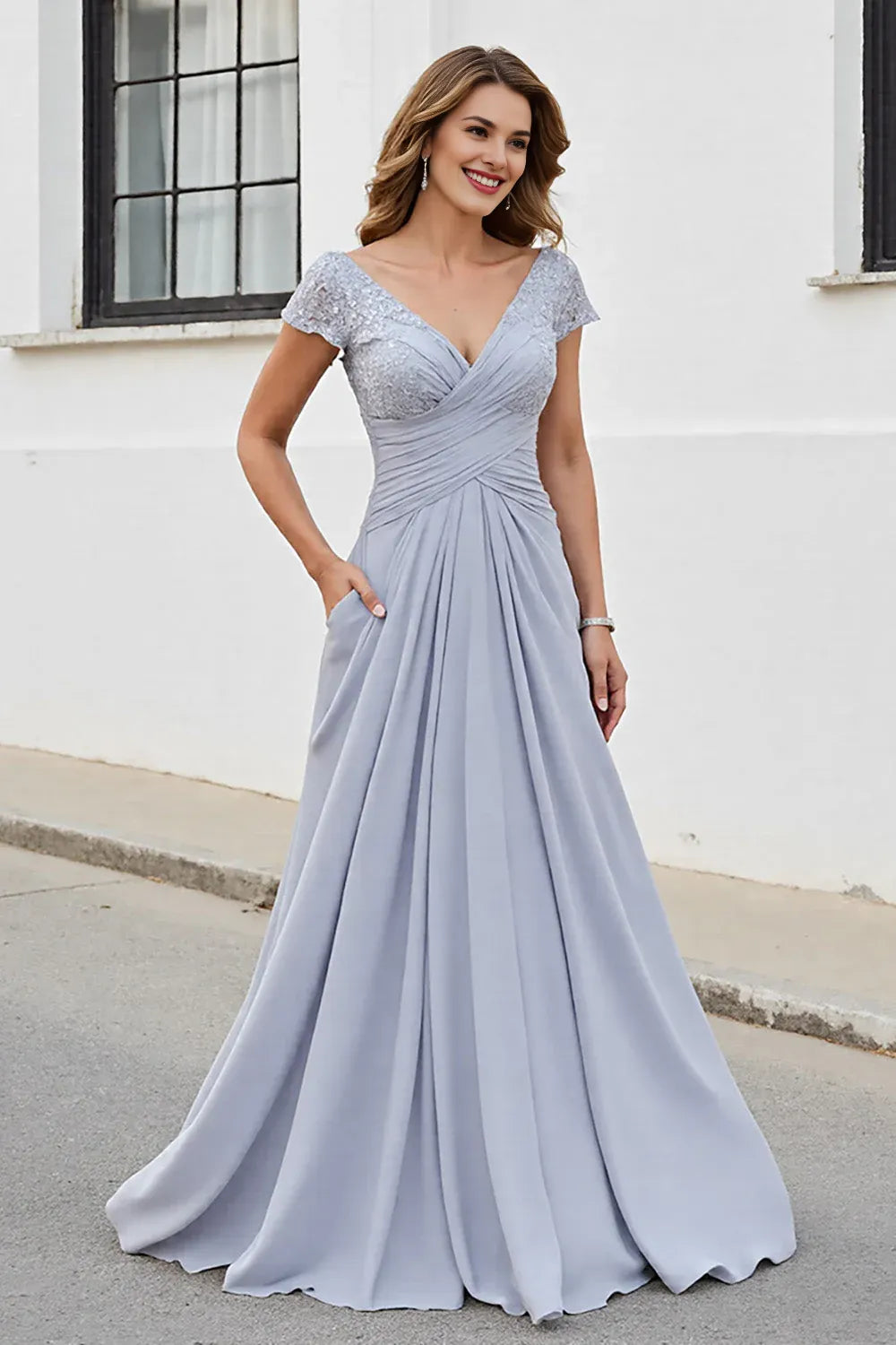 A Line V-Neck Cap Sleeve V Back Sweep/Brush Train Mother of the Bride Dress