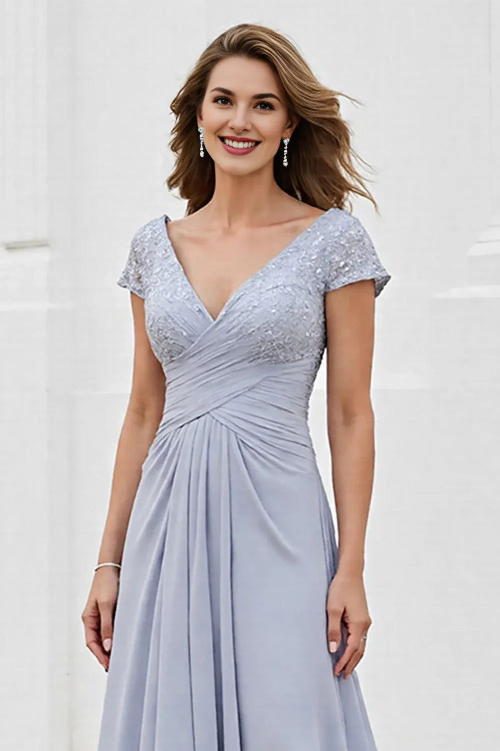 A Line V-Neck Cap Sleeve V Back Sweep/Brush Train Mother of the Bride Dress