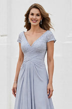 A Line V-Neck Cap Sleeve V Back Sweep/Brush Train Mother of the Bride Dress