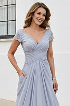 A Line V-Neck Cap Sleeve V Back Sweep/Brush Train Mother of the Bride Dress