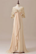 A Line V-Neck Draped Sleeves Floor-Length Mother of the Bride Dress
