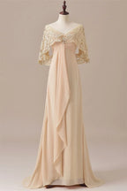 A Line V-Neck Draped Sleeves Floor-Length Mother of the Bride Dress