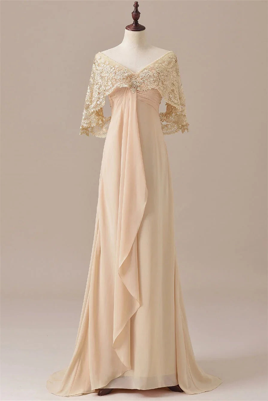 A Line V-Neck Draped Sleeves Floor-Length Mother of the Bride Dress