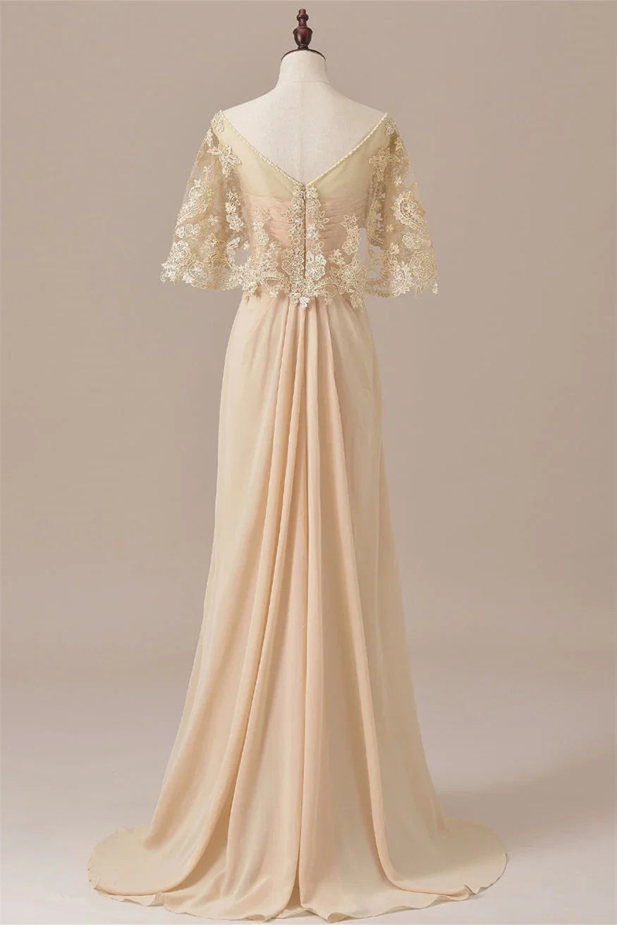 A Line V-Neck Draped Sleeves Floor-Length Mother of the Bride Dress