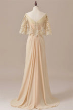 A Line V-Neck Draped Sleeves Floor-Length Mother of the Bride Dress