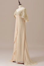 A Line V-Neck Draped Sleeves Floor-Length Mother of the Bride Dress