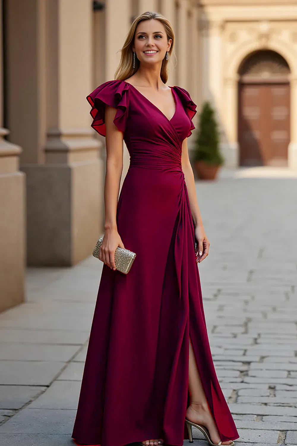 A Line V-Neck Flutter Sleeve V Back Floor-Length Mother of the Bride Dress