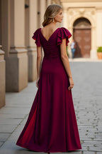 A Line V-Neck Flutter Sleeve V Back Floor-Length Mother of the Bride Dress