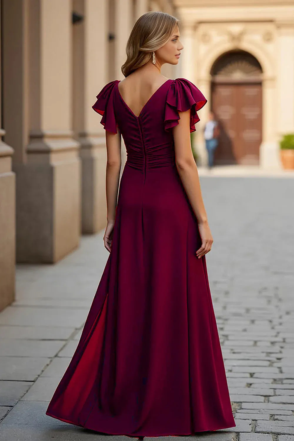 A Line V-Neck Flutter Sleeve V Back Floor-Length Mother of the Bride Dress