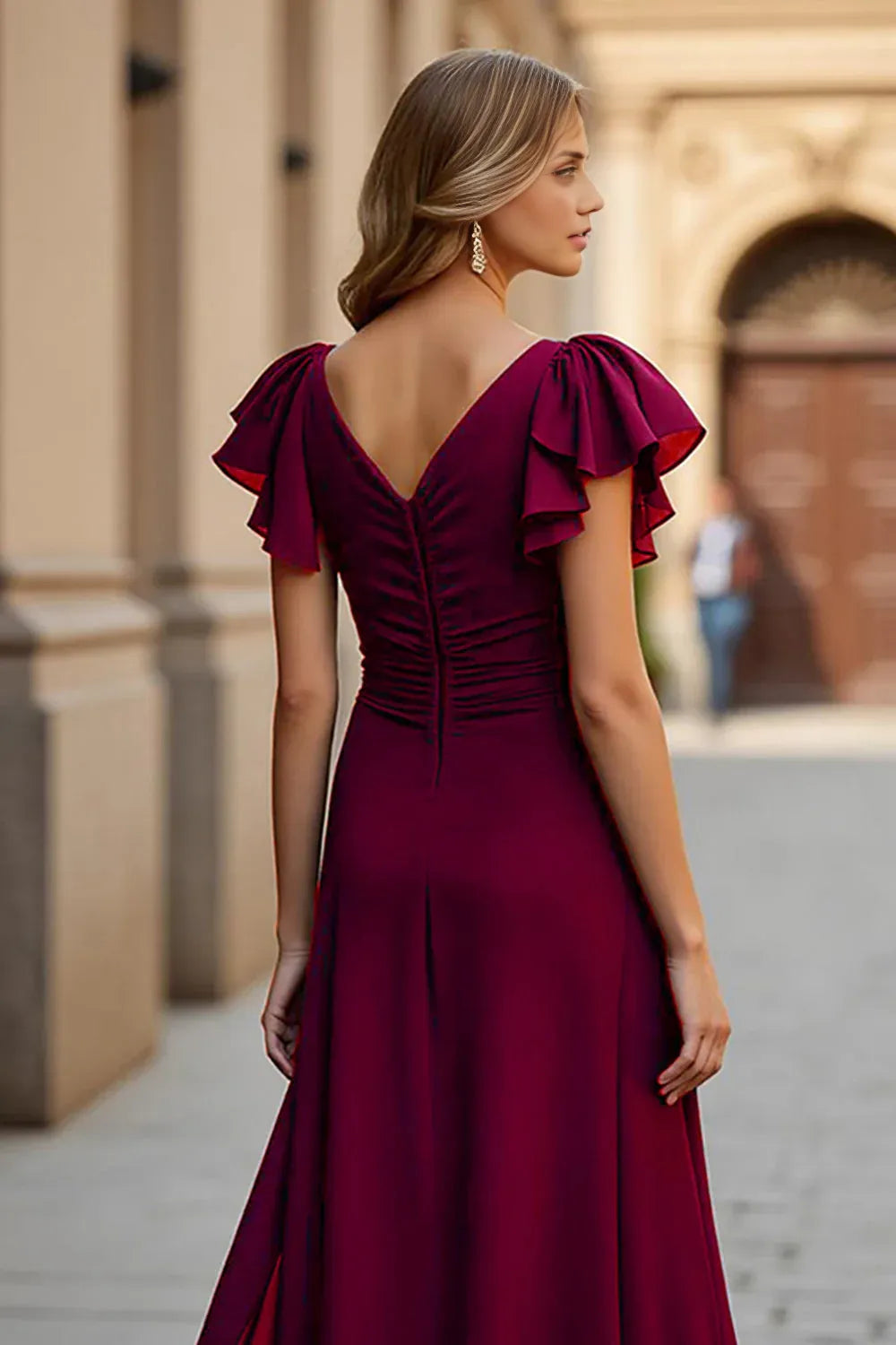 A Line V-Neck Flutter Sleeve V Back Floor-Length Mother of the Bride Dress