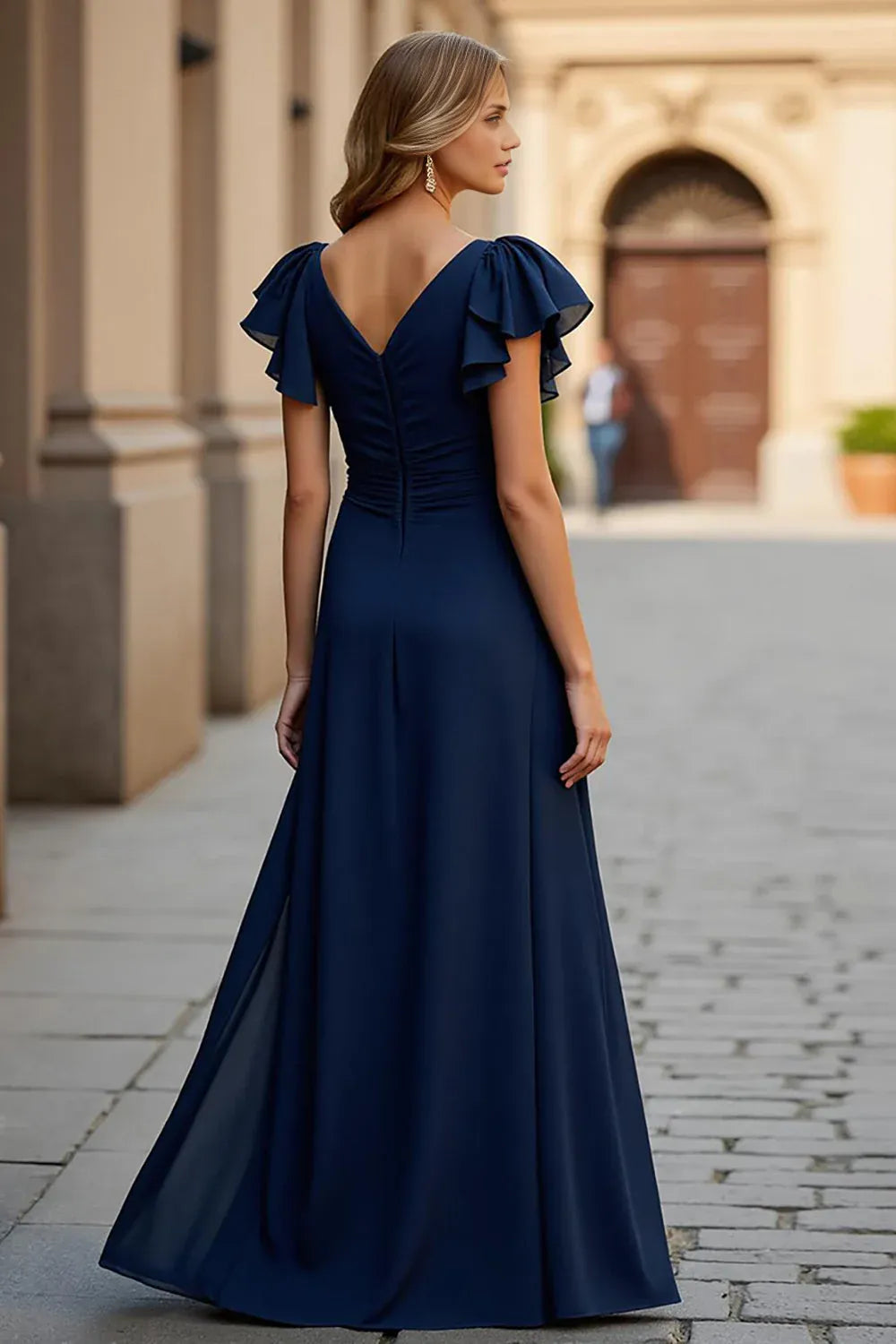 A Line V-Neck Flutter Sleeve V Back Floor-Length Mother of the Bride Dress