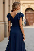 A Line V-Neck Flutter Sleeve V Back Floor-Length Mother of the Bride Dress