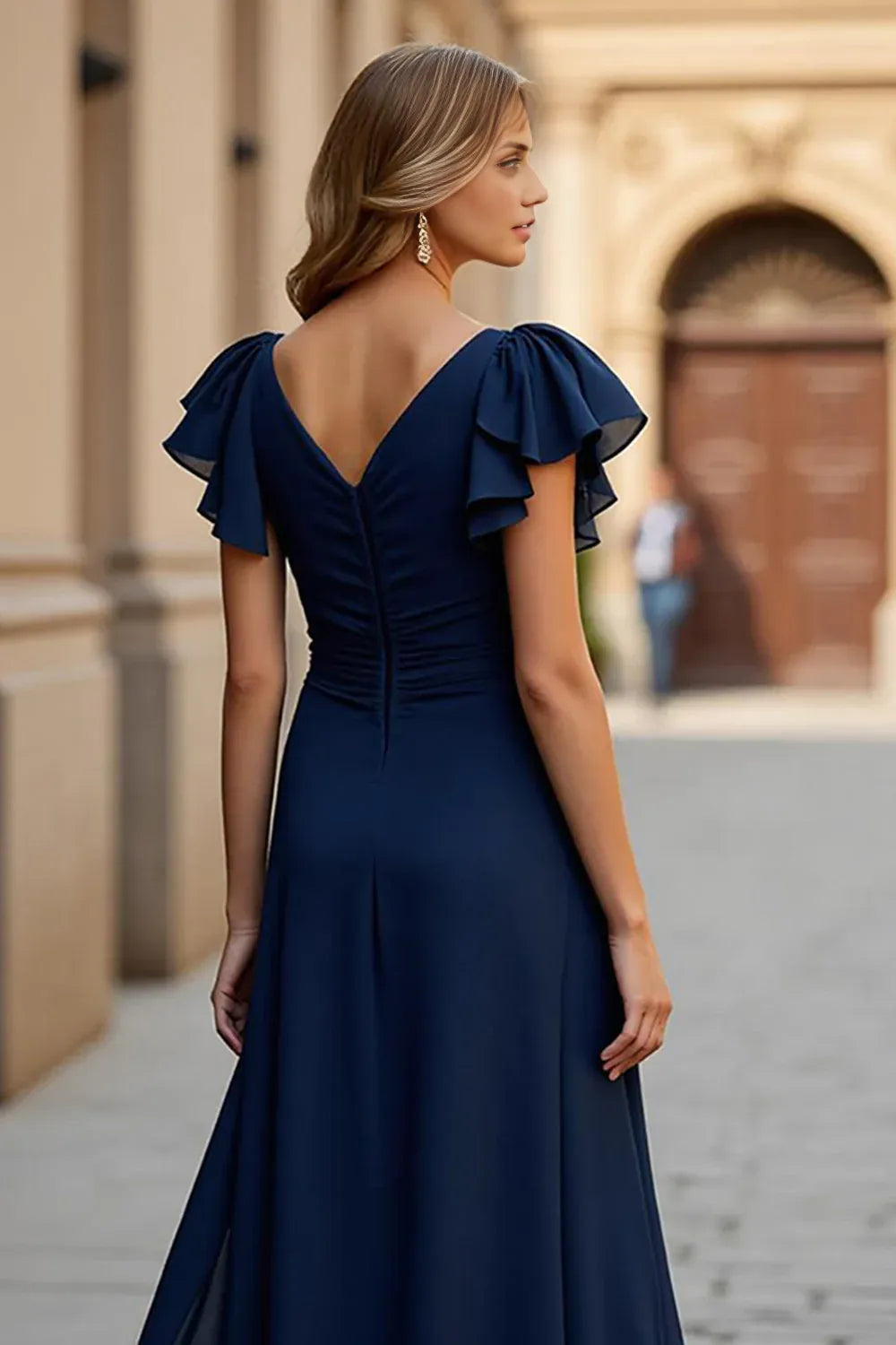 A Line V-Neck Flutter Sleeve V Back Floor-Length Mother of the Bride Dress