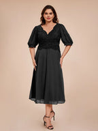 A Line V-neck Half Lantern Sleeves Tea-Length Plus Size Mother of the Bride Dress