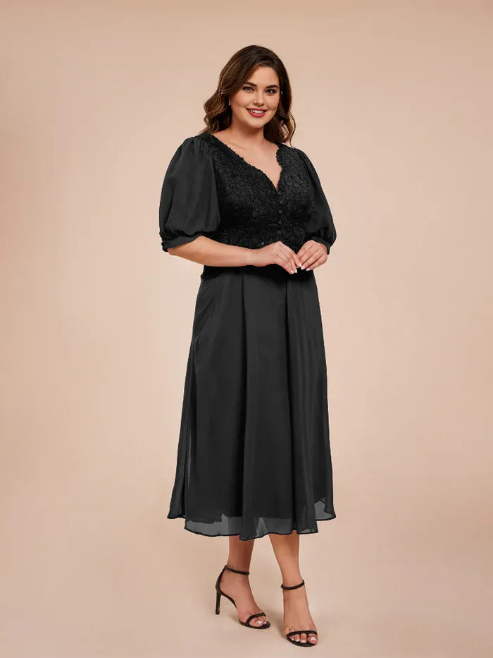 A Line V-neck Half Lantern Sleeves Tea-Length Plus Size Mother of the Bride Dress