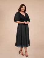 A Line V-neck Half Lantern Sleeves Tea-Length Plus Size Mother of the Bride Dress