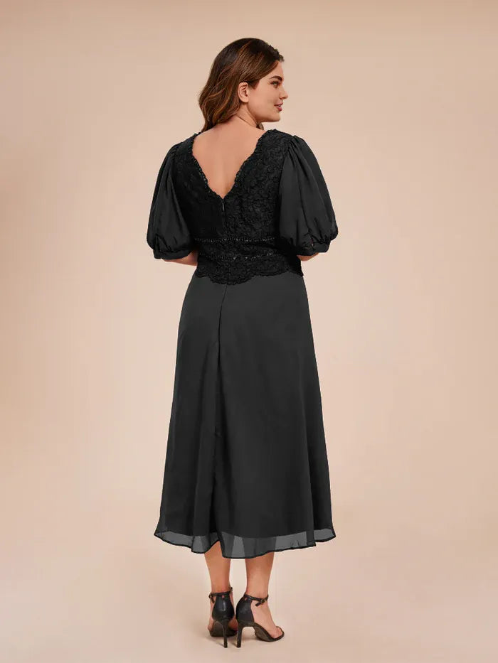 A Line V-neck Half Lantern Sleeves Tea-Length Plus Size Mother of the Bride Dress
