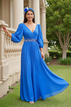 A Line V Neck Long Sleeve V Back Floor-Length Mother of the Bride Dress