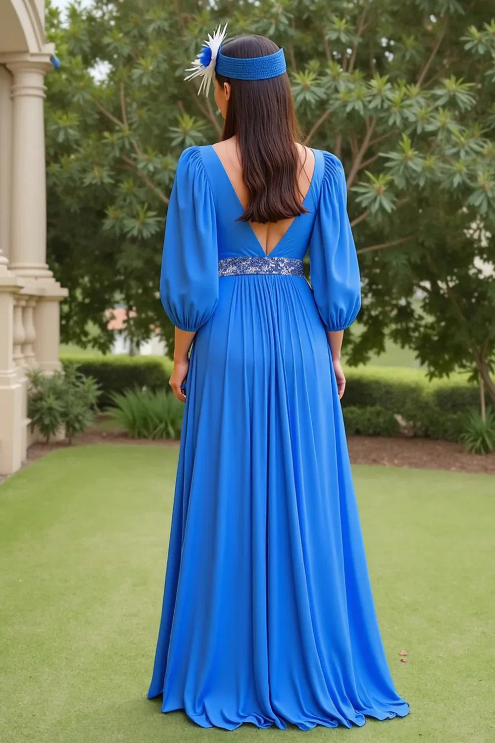 A Line V Neck Long Sleeve V Back Floor-Length Mother of the Bride Dress