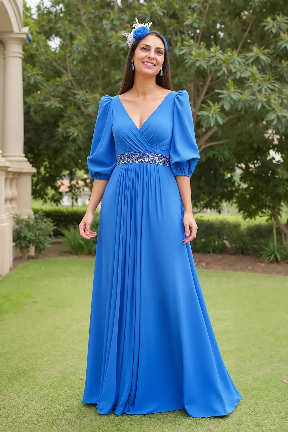 A Line V Neck Long Sleeve V Back Floor-Length Mother of the Bride Dress