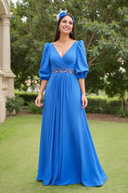 A Line V Neck Long Sleeve V Back Floor-Length Mother of the Bride Dress