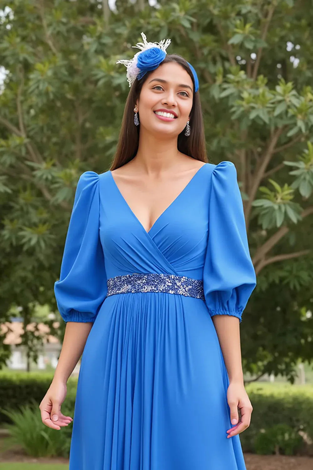 A Line V Neck Long Sleeve V Back Floor-Length Mother of the Bride Dress