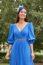 A Line V Neck Long Sleeve V Back Floor-Length Mother of the Bride Dress