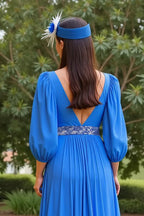 A Line V Neck Long Sleeve V Back Floor-Length Mother of the Bride Dress