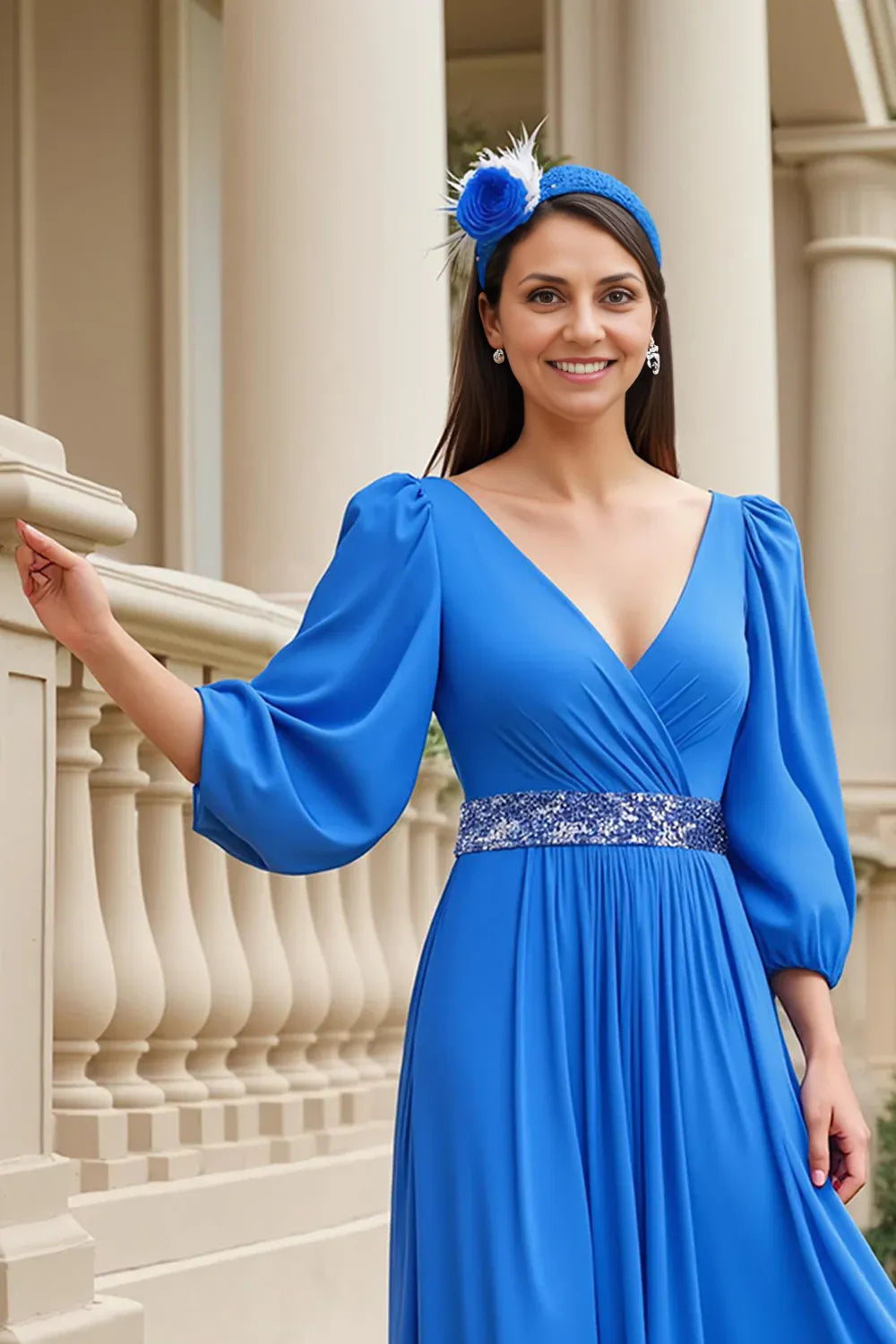 A Line V Neck Long Sleeve V Back Floor-Length Mother of the Bride Dress