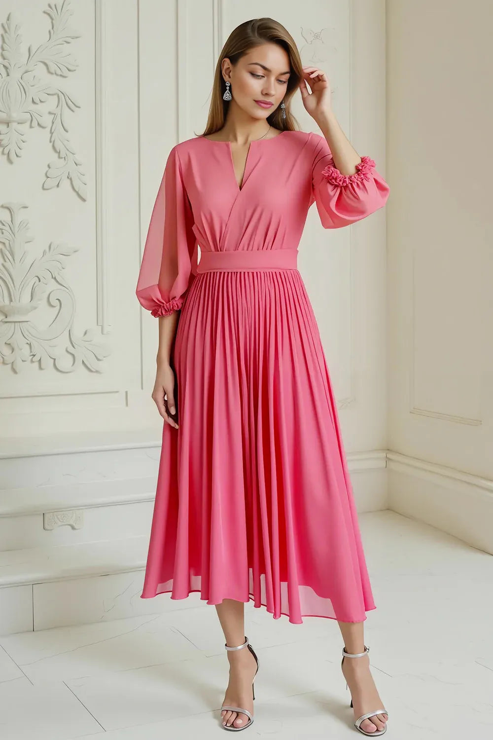 A Line V Neck Long Sleeve Zipper Up Ankle-Length Mother of the Bride Dress