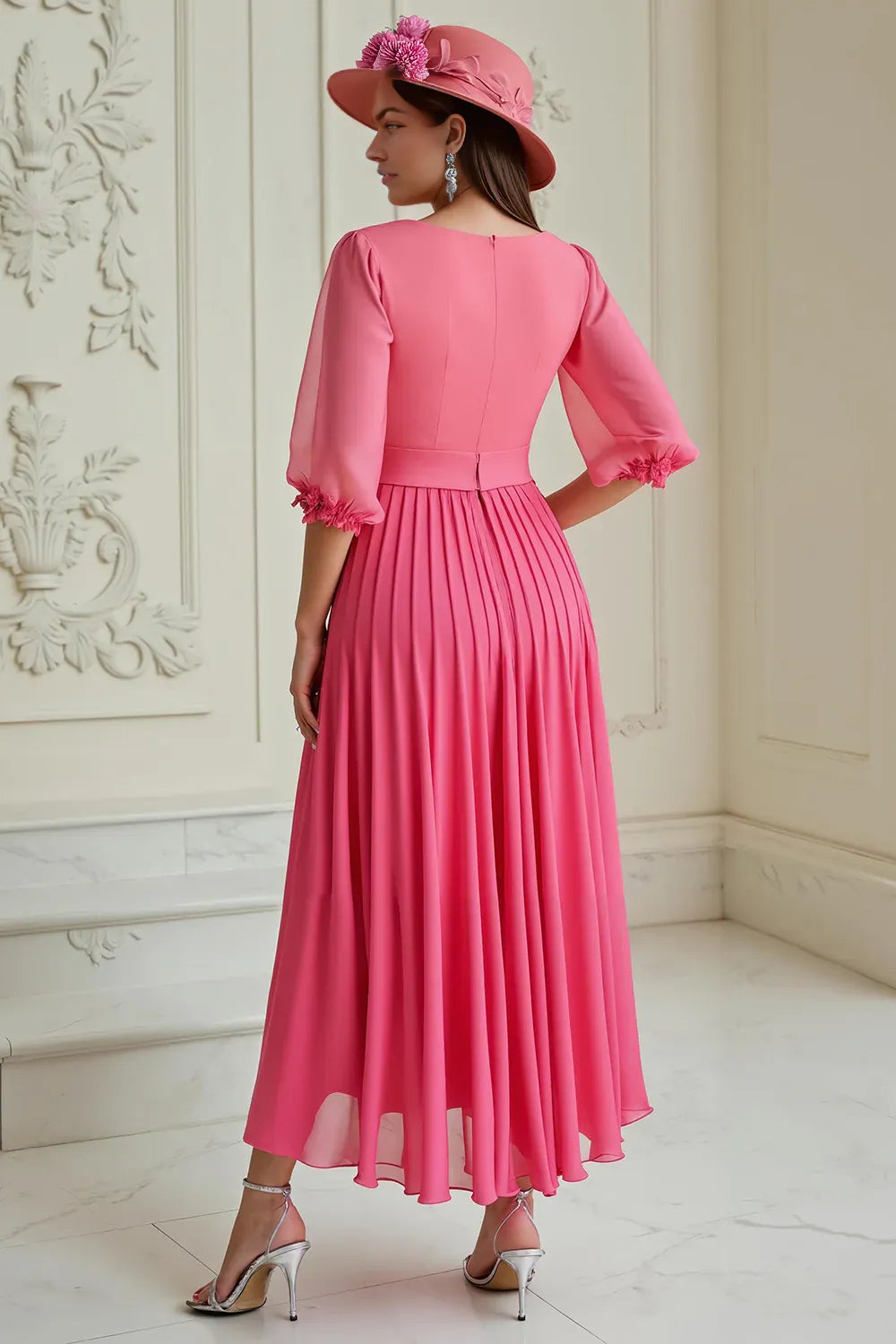 A Line V Neck Long Sleeve Zipper Up Ankle-Length Mother of the Bride Dress