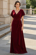 A Line V Neck Short Sleeve V Back Floor-Length Mother of the Bride Dress