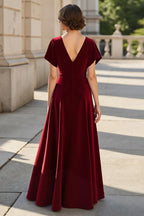 A Line V Neck Short Sleeve V Back Floor-Length Mother of the Bride Dress