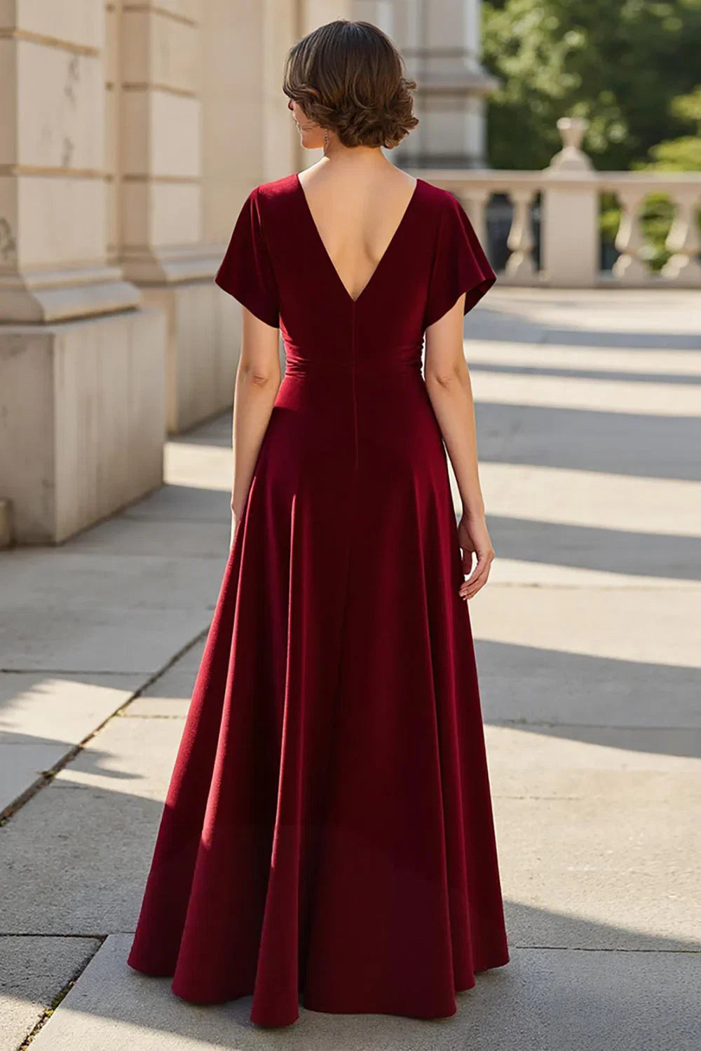 A Line V Neck Short Sleeve V Back Floor-Length Mother of the Bride Dress