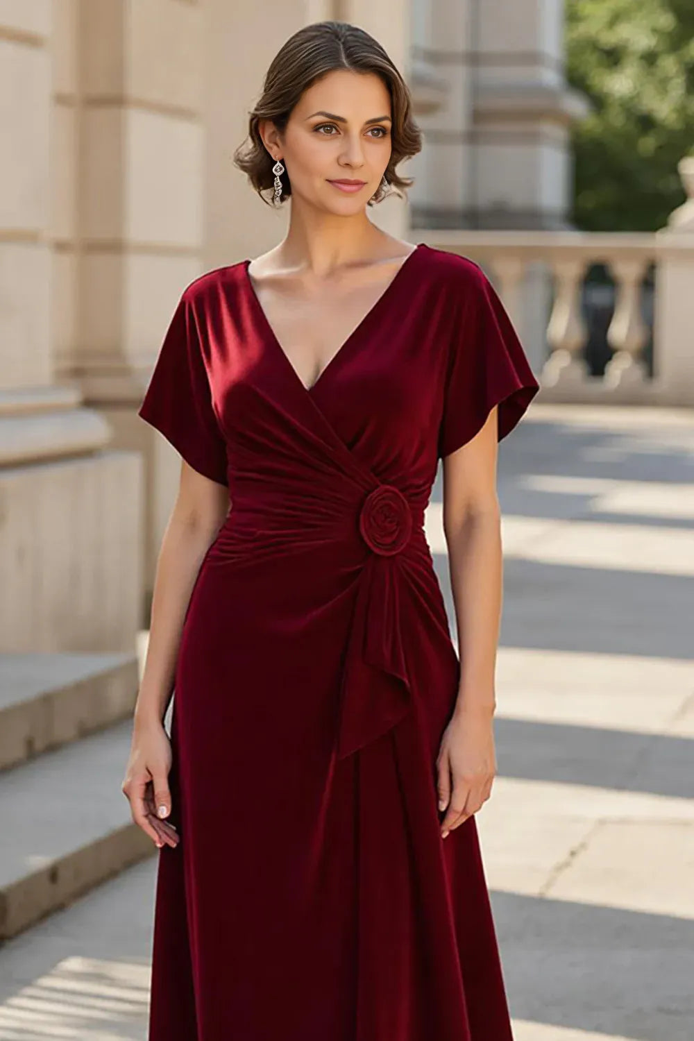 A Line V Neck Short Sleeve V Back Floor-Length Mother of the Bride Dress