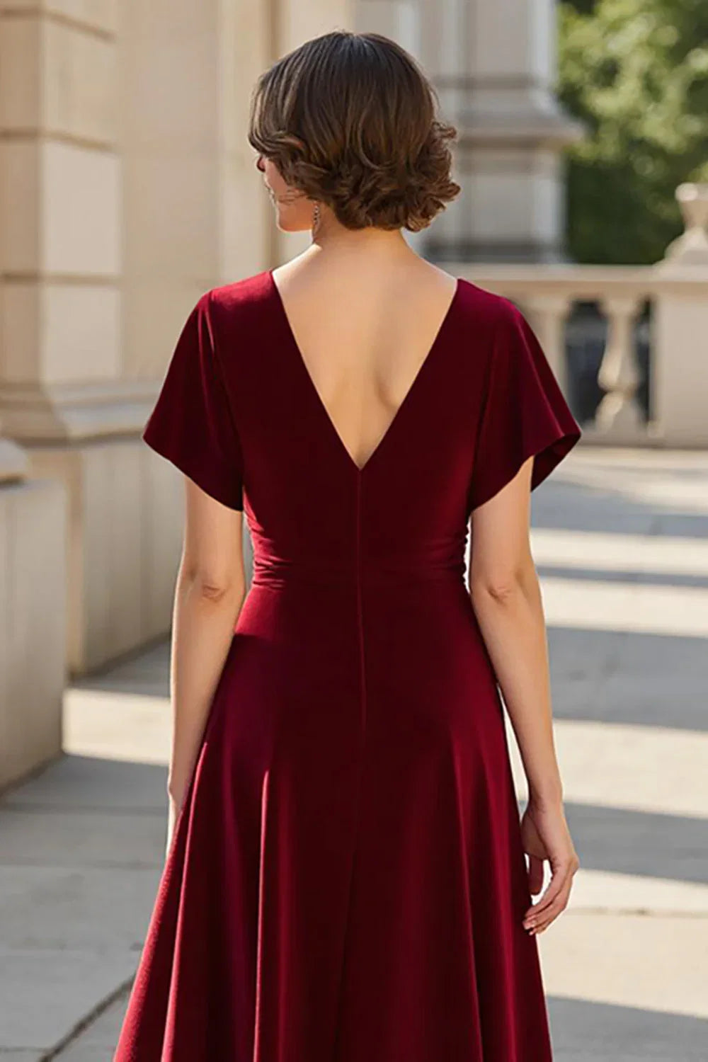 A Line V Neck Short Sleeve V Back Floor-Length Mother of the Bride Dress
