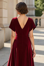 A Line V Neck Short Sleeve V Back Floor-Length Mother of the Bride Dress