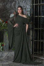 Asymmetrical Neck Long Sleeves A-Line Pleated Floor-Length Evening Dress