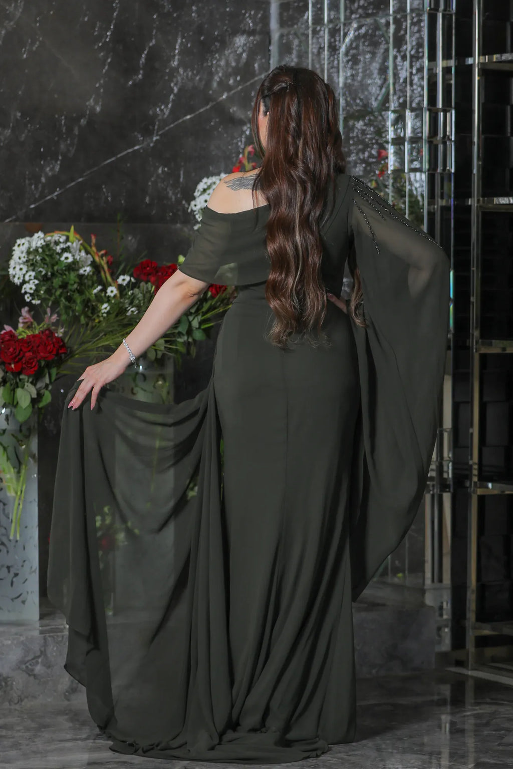 Asymmetrical Neck Long Sleeves A-Line Pleated Floor-Length Evening Dress